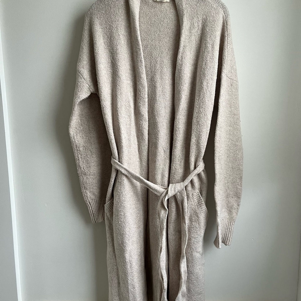 Kaisely Beige Open Front Belted Long Cardigan